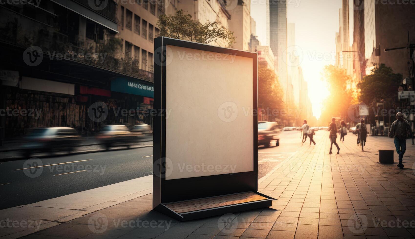 leer Plakatwand Attrappe, Lehrmodell, Simulation zum Werbung im das Stadt, Sonnenuntergang Aussicht foto