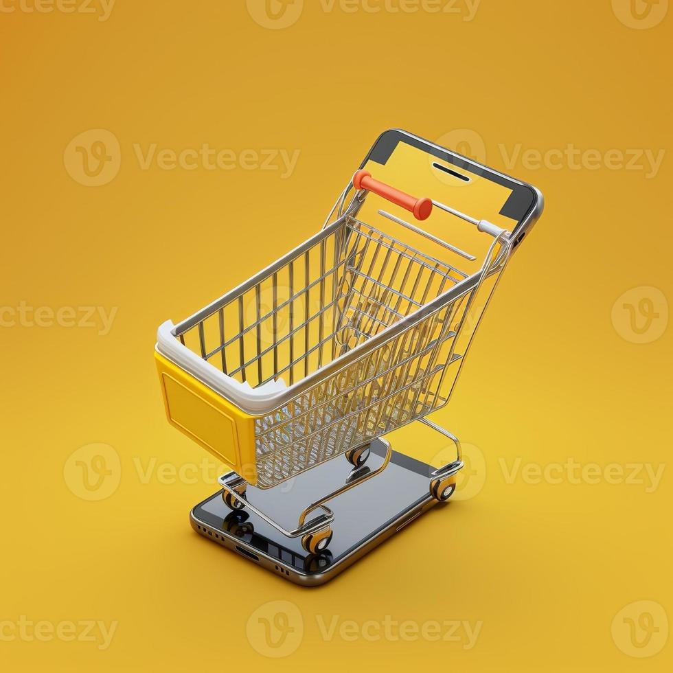 Einkaufen Wagen auf Handy, Mobiltelefon Telefon Bildschirm, Gelb Hintergrund. ai foto