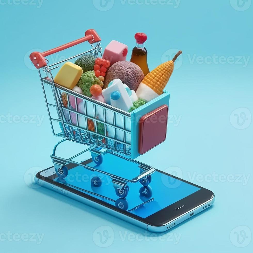 Einkaufen Wagen auf Handy, Mobiltelefon Telefon Bildschirm, Blau Hintergrund. ai foto