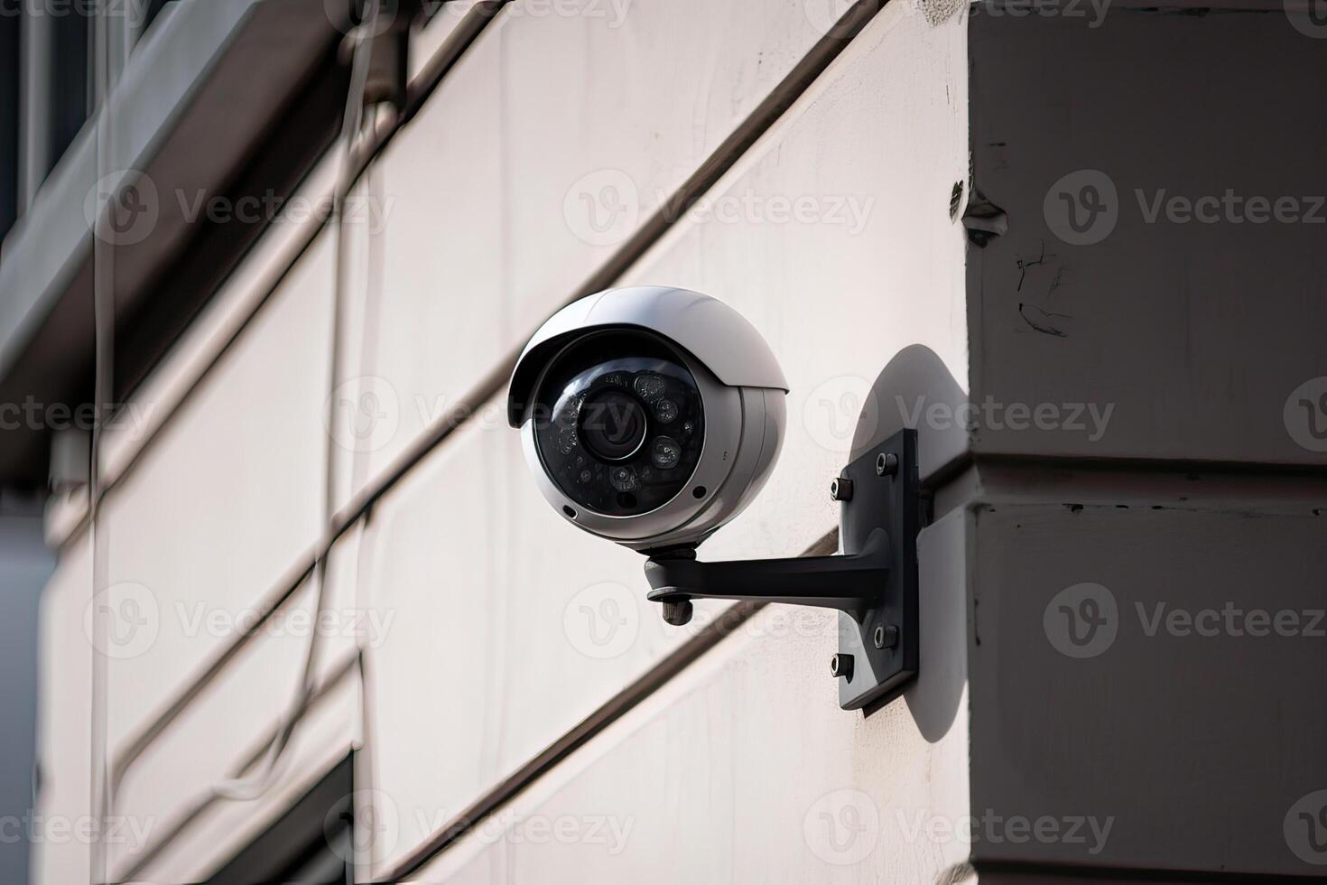 Sicherheit, cctv Kameras im das Büro Gebäude, und Zuhause Sicherheit System Konzept mit verwischen Hintergrund. draussen cctv Sicherheit Kamera Eingerichtet auf das Gebäude Mauer im das Stadt. generativ ai foto