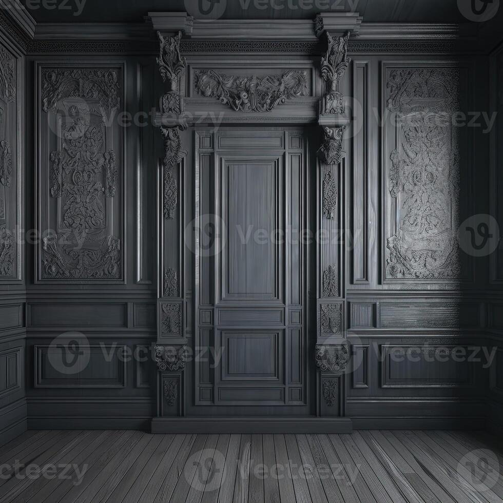 Innere dunkel Mauer mit hölzern Formen und hölzern Carving. alt klassisch viktorianisch Innere Stil. generativ ai foto