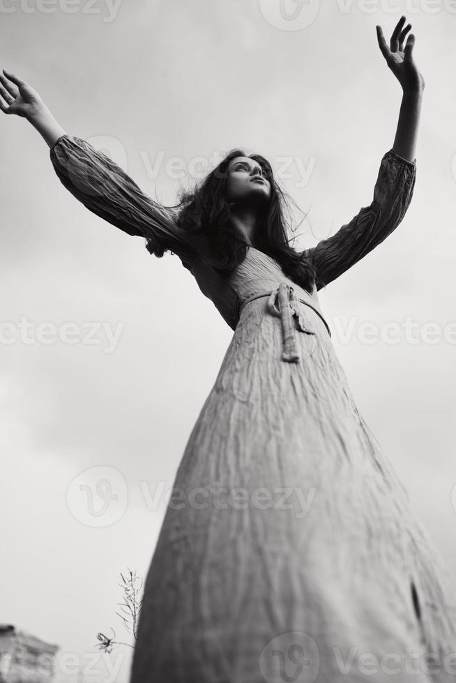 ziemlich Frau im Kleid dramatisch Stil Emotionen posieren elegant Stil foto