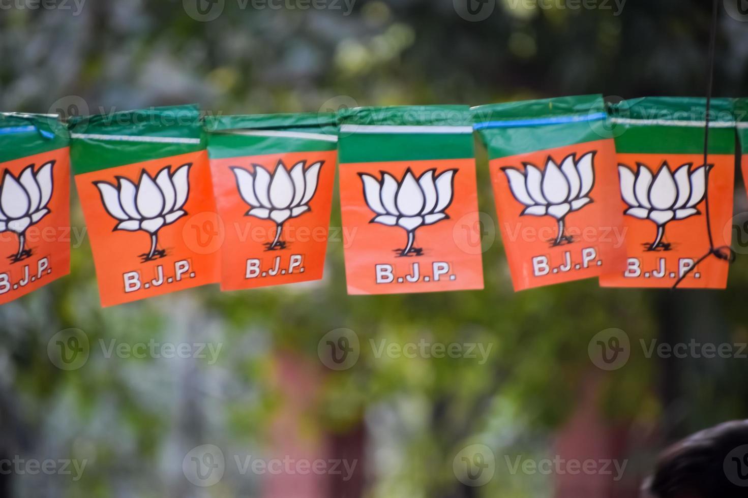 bharatiya Janata Party Flagge von indisch politisch Party, bjp bhartiya Janta Party Flagge winken während Uhr Straße Show im Delhi, Indien foto