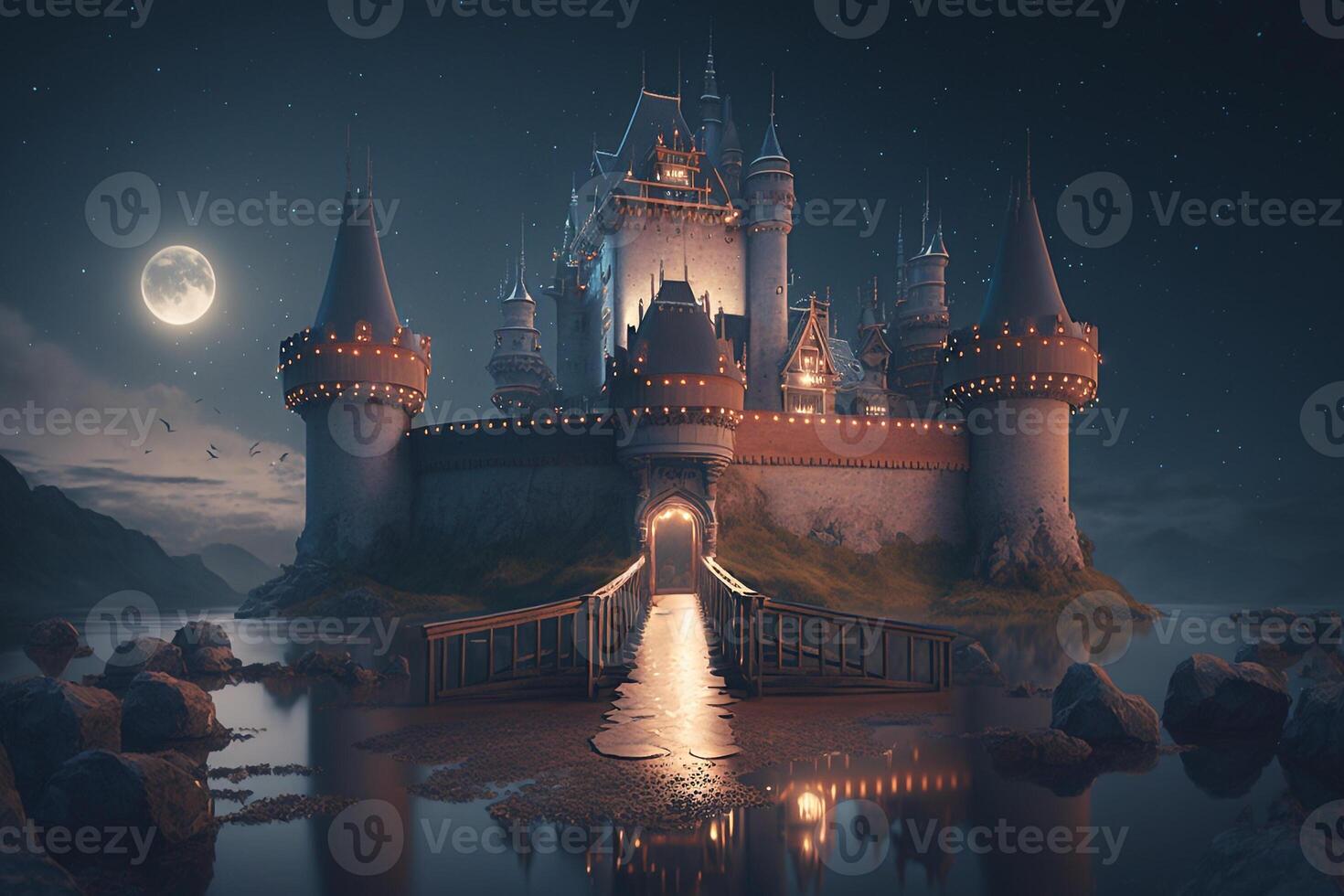 Nacht mystisch Schloss mit Türme auf das Fluss Ufer generativ ai foto