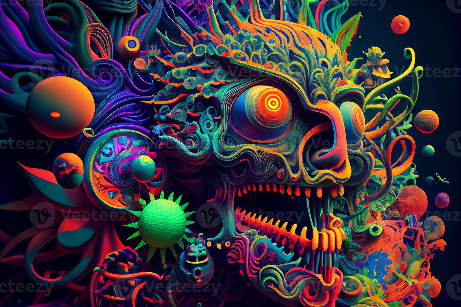 psychedelisch bunt lsd Ausflug Schädel mit Hippie Muster und Koralle Linderung Illustration generativ ai foto