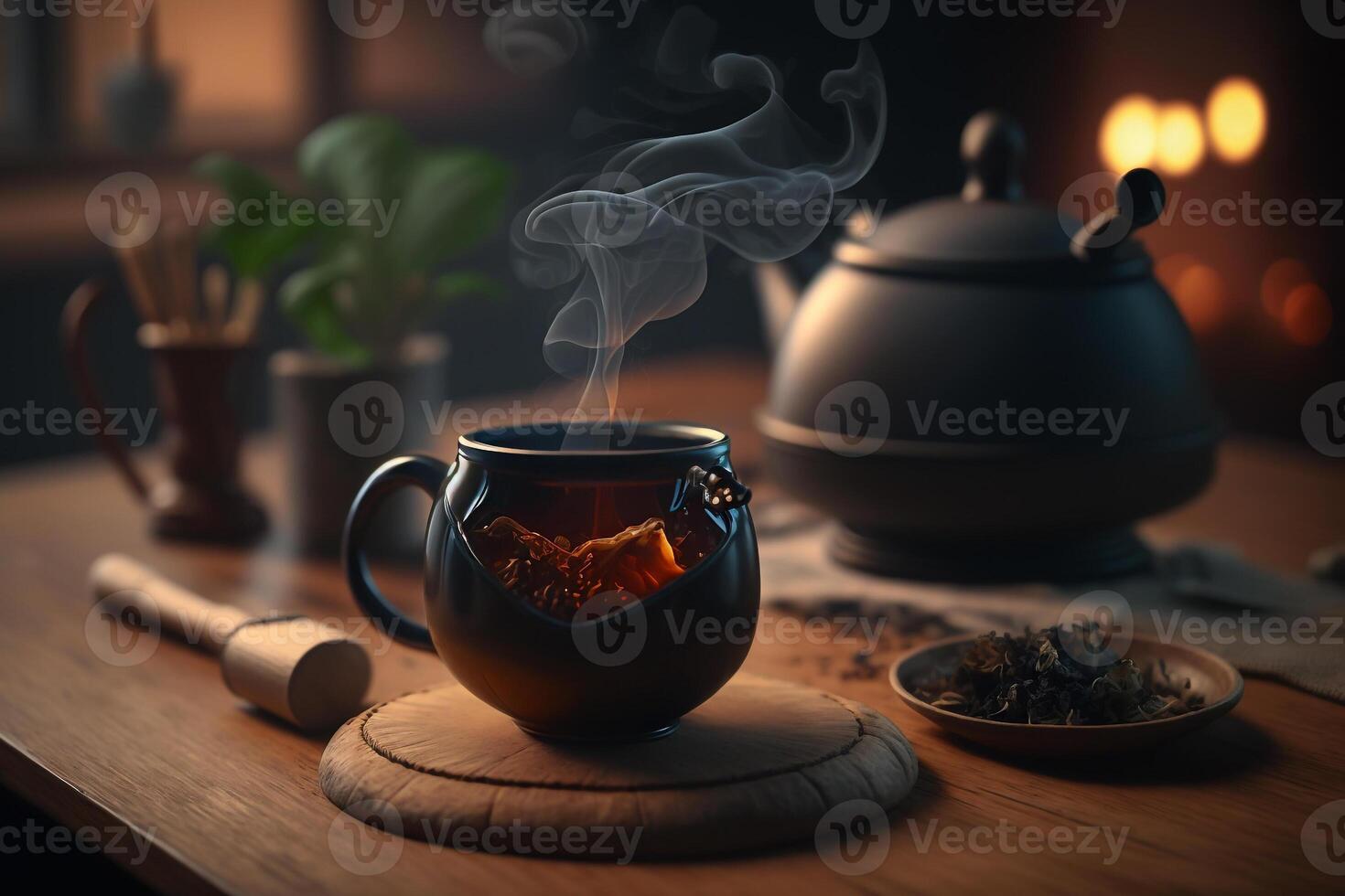 dämpfen heiß Tee auf hölzern Tabelle generativ ai foto
