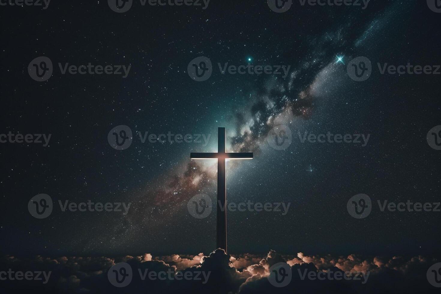 groß Kreuz gegen das Hintergrund von das Nacht sternenklar Himmel generativ ai foto