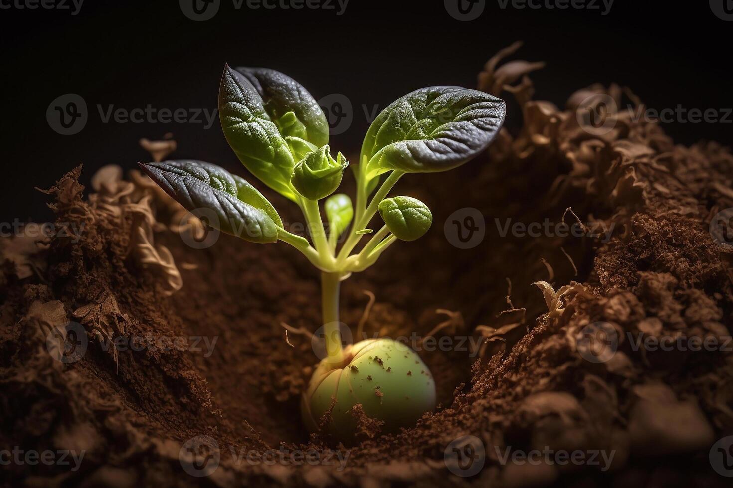 ein Pflanze kommt aus von ein Samen im das Boden generativ ai foto