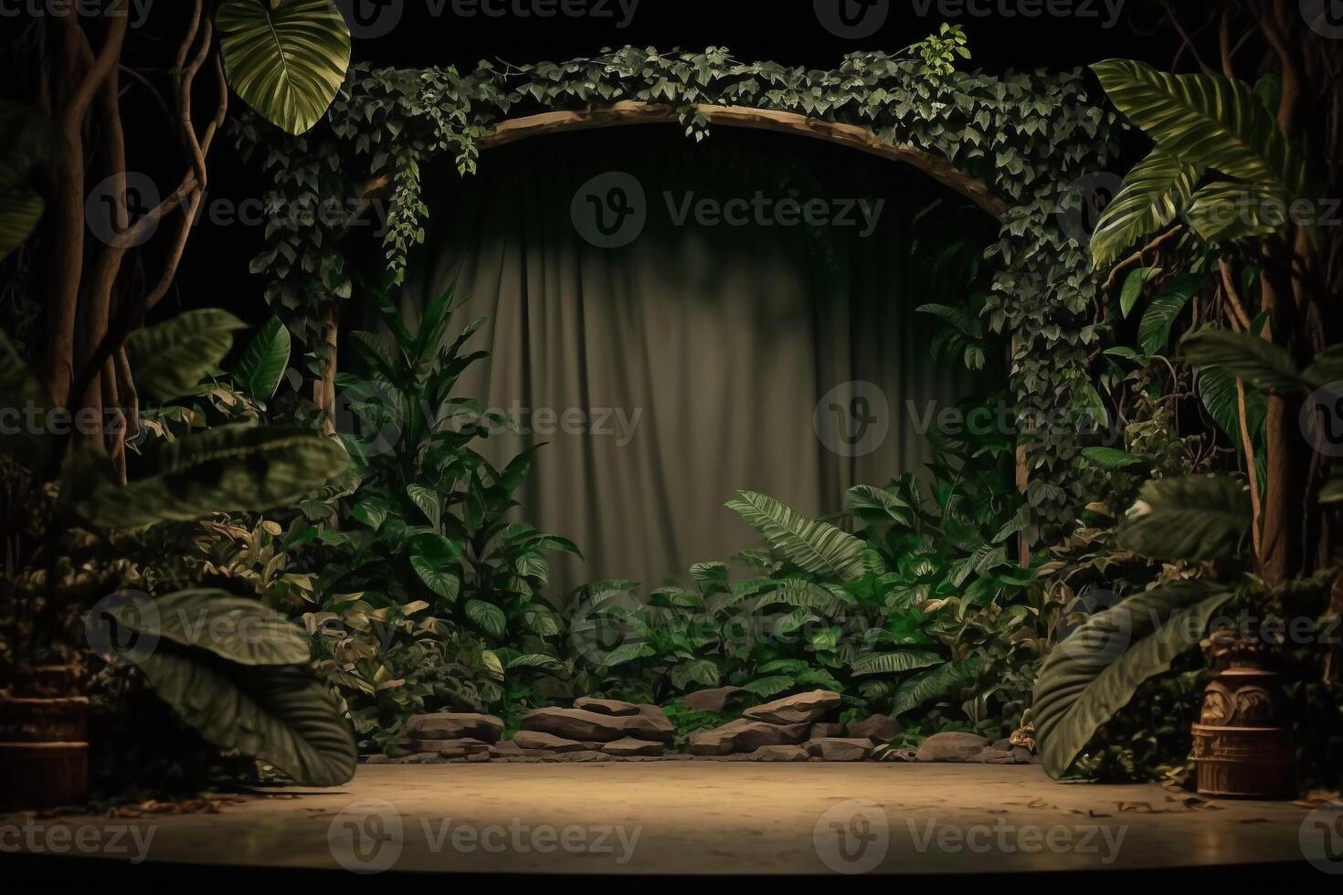 leeren Szene zum Werbung mit Grün tropisch Urwald Blätter generativ ai foto