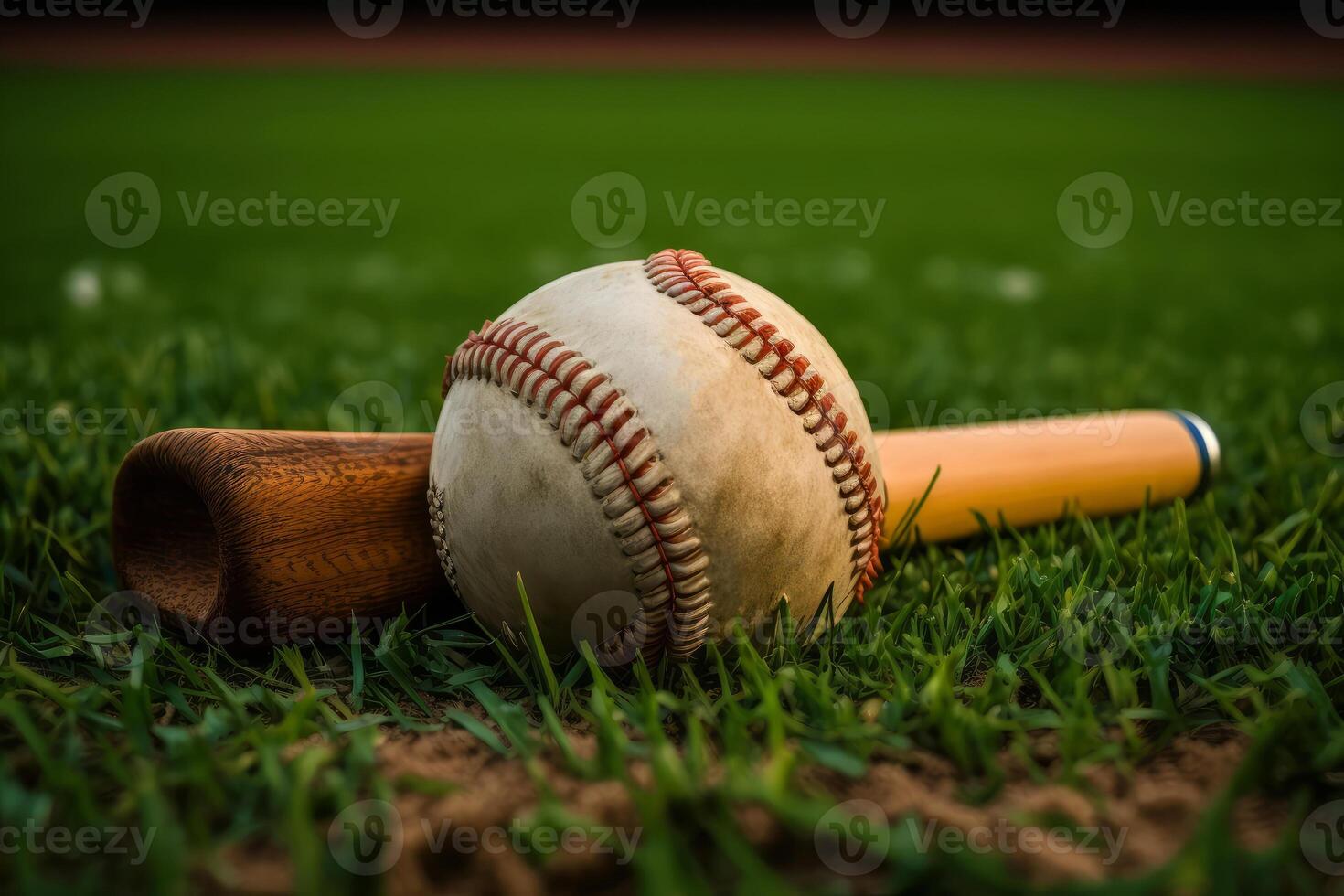 Ball mit ein Baseball Schläger auf das Gras generativ ai foto