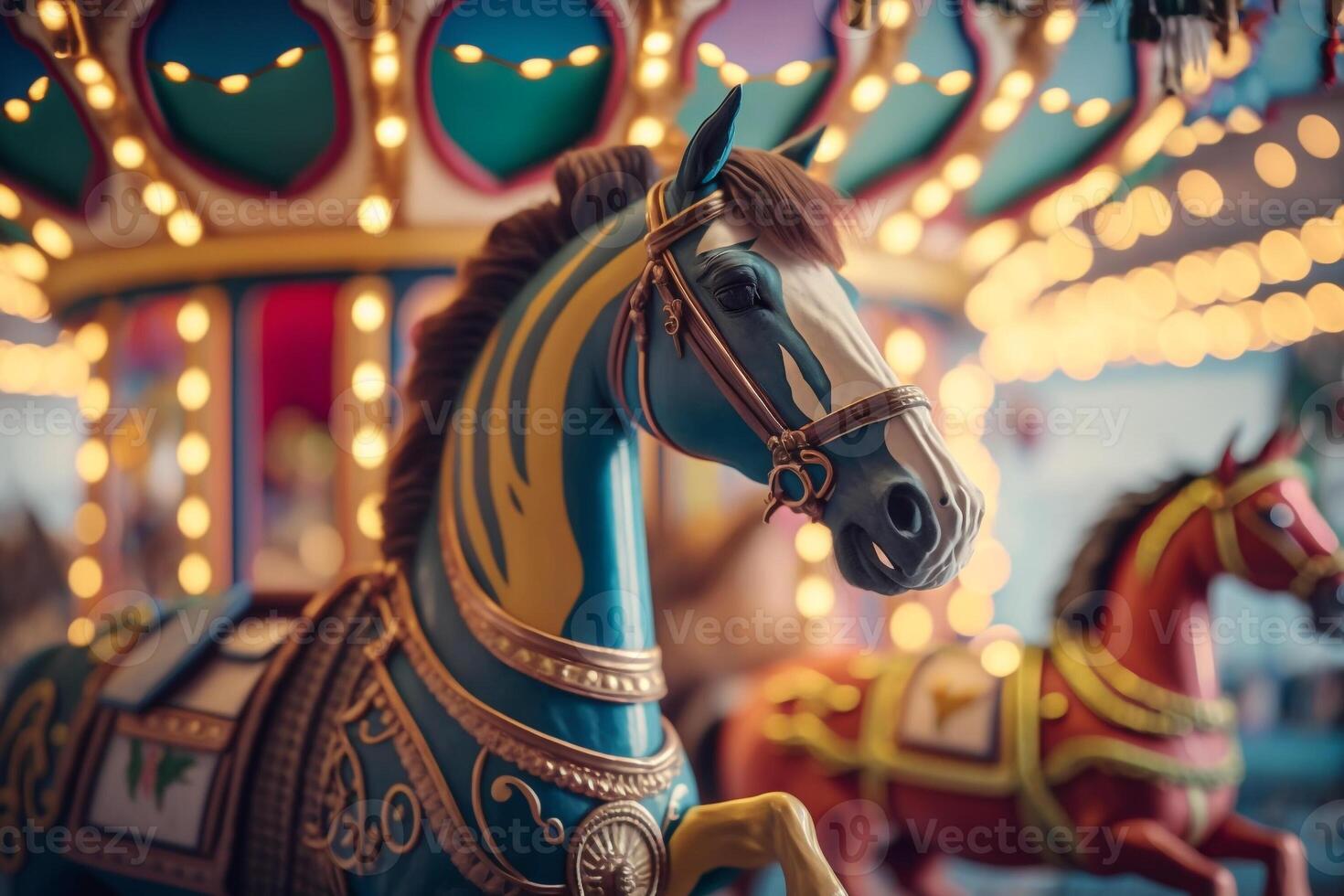 Kinder Pferd Nacht Karussell, draussen Attraktion im Zirkus generativ ai foto