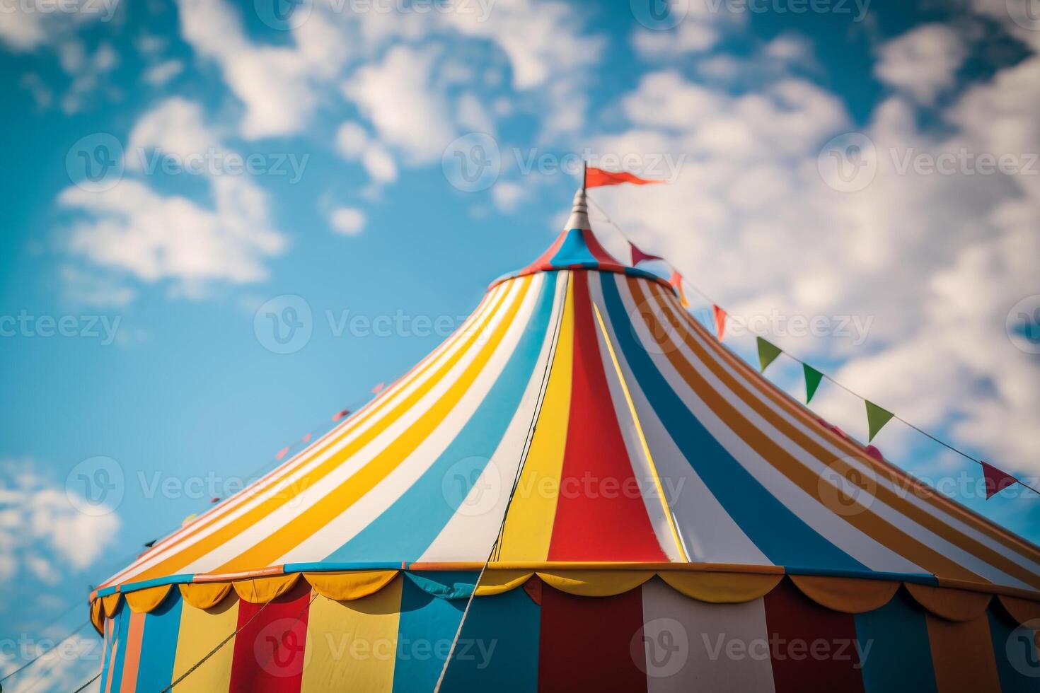 bunt Zirkus gestreift Zelt gegen das Hintergrund von das Sommer- Himmel generativ ai foto