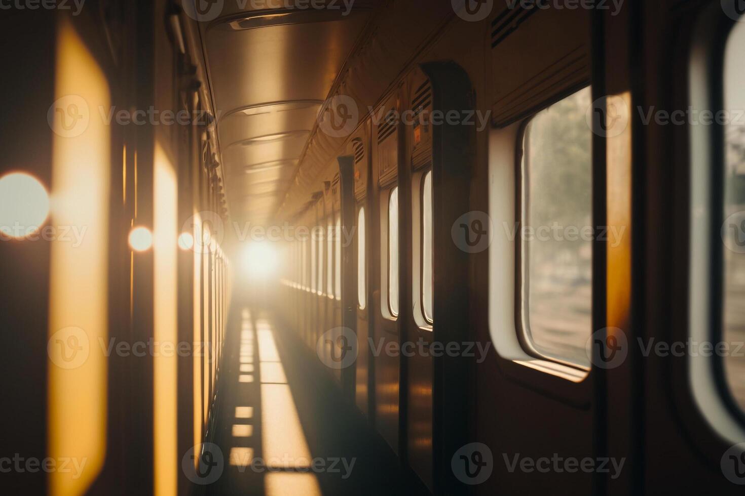 sonnig Morgen draußen das Fenster im das Zug Gang, Reisen und Reise Konzept Illustration generativ ai foto