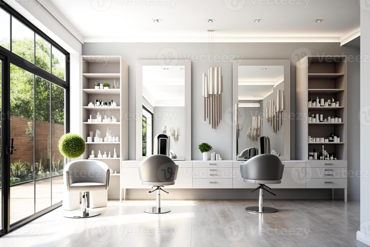 Weiß Licht Schönheit Salon Zimmer mit Sessel und Spiegel generativ ai foto
