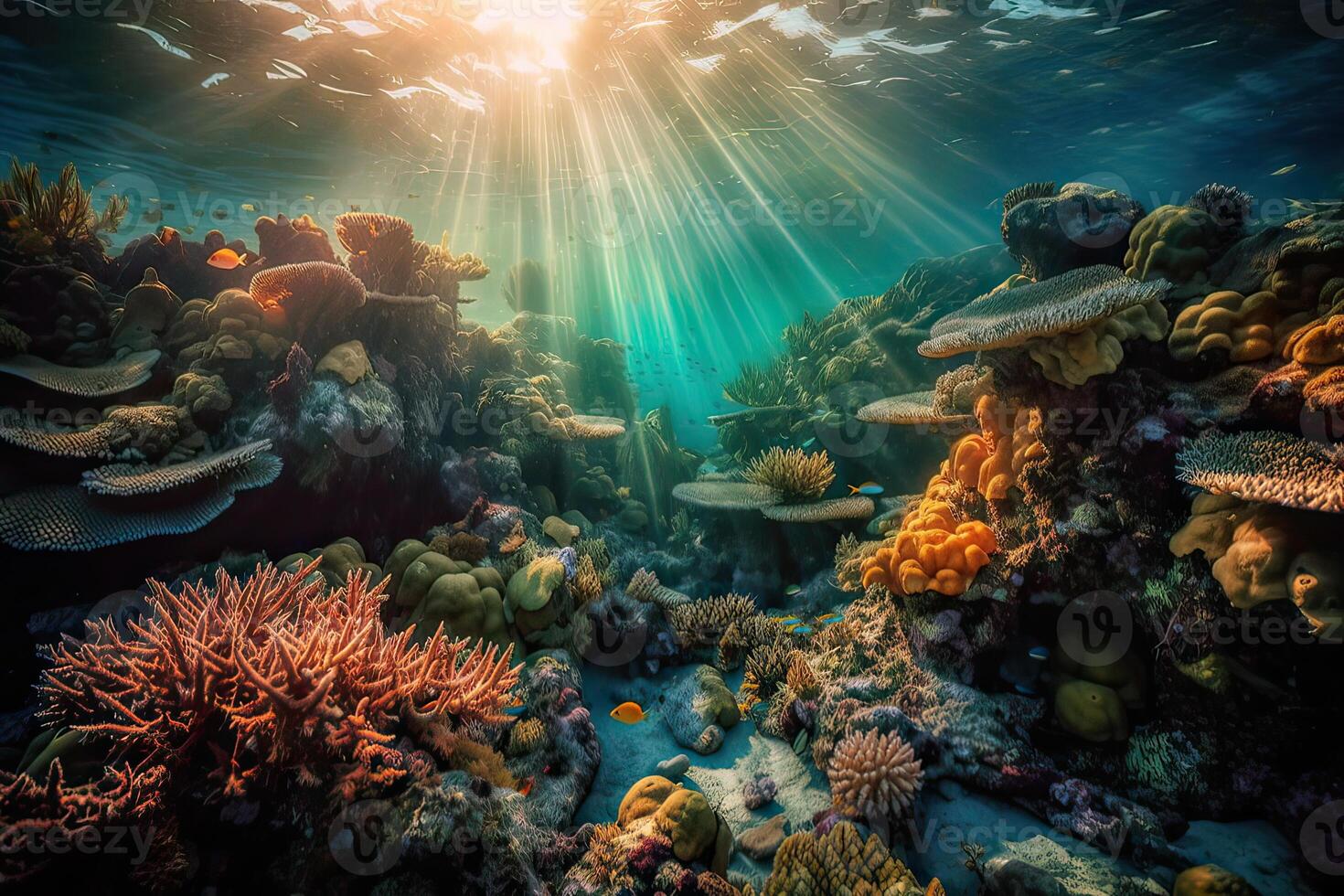 Tiere von das unter Wasser Meer Welt. Ökosystem. bunt tropisch Fisch. Leben im das Koralle Riff. generativ ai. foto