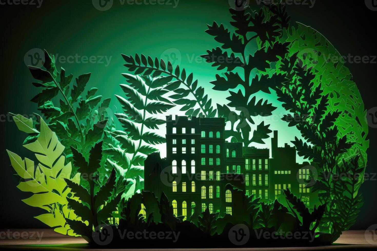ai generiert Grün Blatt mit Bäume und Stadt Gebäude Silhouette. das Erhaltung von Ökologie. Grün Stadt oder Grün Stadt, Dorf Konzept. Papier Kunst. foto