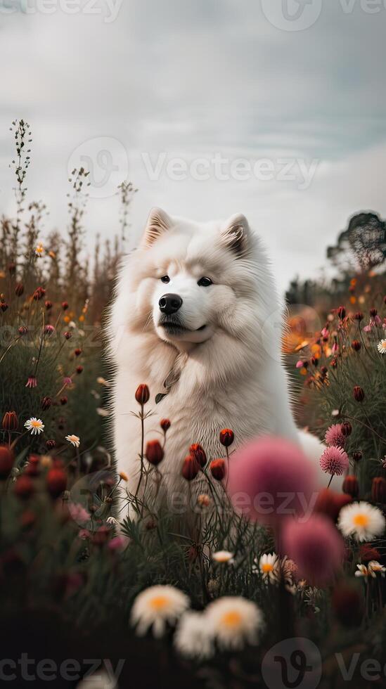 Hund von das samoyed Rasse sitzt gegen das Hintergrund von ein Blühen Wiese. glücklich Hund. generativ ai foto