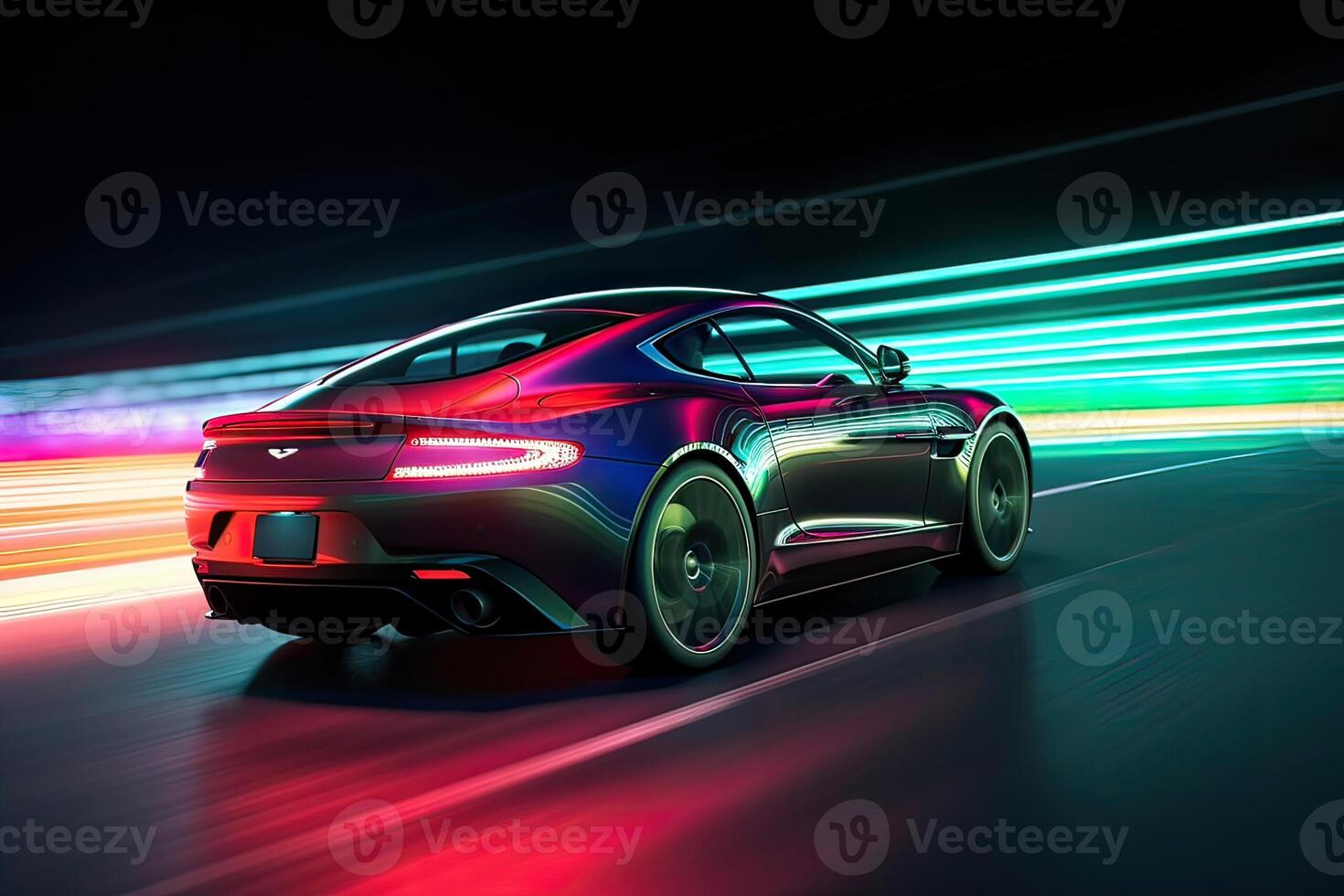 futuristisch Sport Auto auf Neon- Autobahn. mächtig Beschleunigung von ein Supersportwagen auf ein Nacht Spur mit bunt Beleuchtung und Wanderwege. 3d Illustration. generativ ai. foto