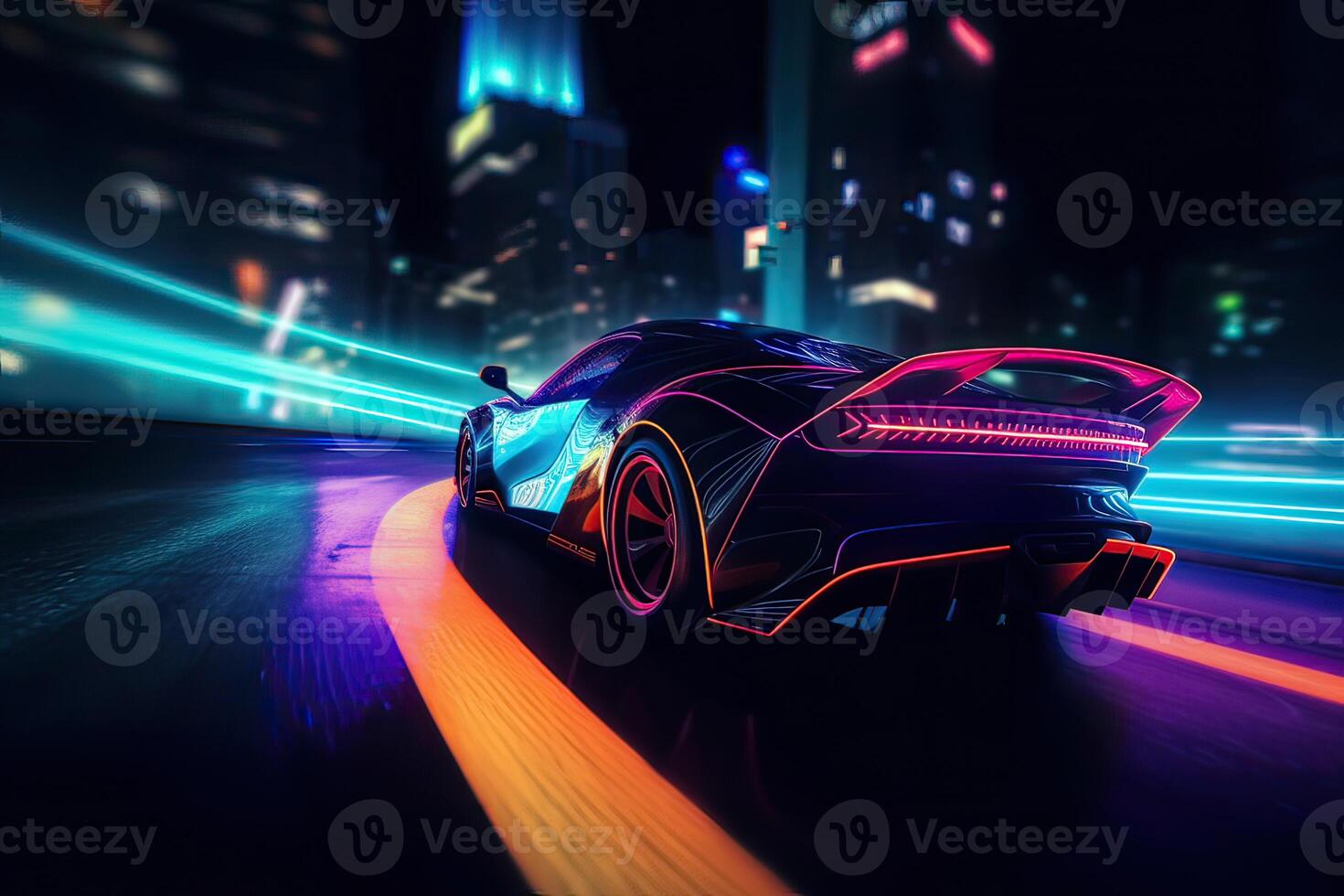 futuristisch Sport Auto auf Neon- Autobahn. mächtig Beschleunigung von ein Supersportwagen auf ein Nacht Spur mit bunt Beleuchtung und Wanderwege. 3d Illustration. generativ ai. foto