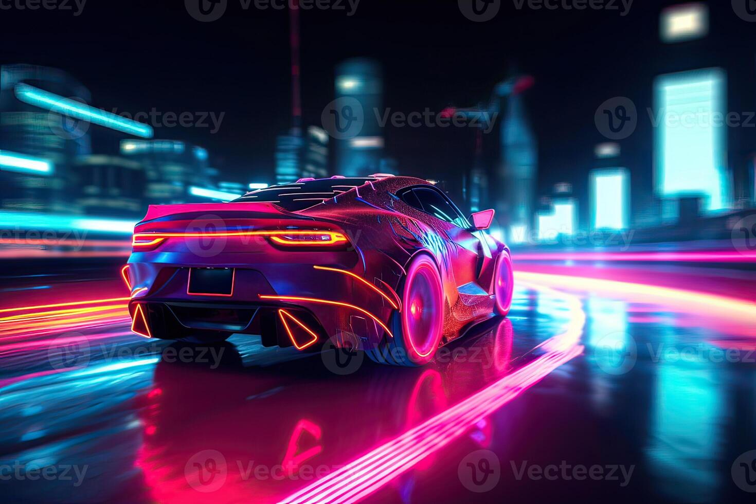 futuristisch Sport Auto auf Neon- Autobahn. mächtig Beschleunigung von ein Supersportwagen auf ein Nacht Spur mit bunt Beleuchtung und Wanderwege. 3d Illustration. generativ ai. foto
