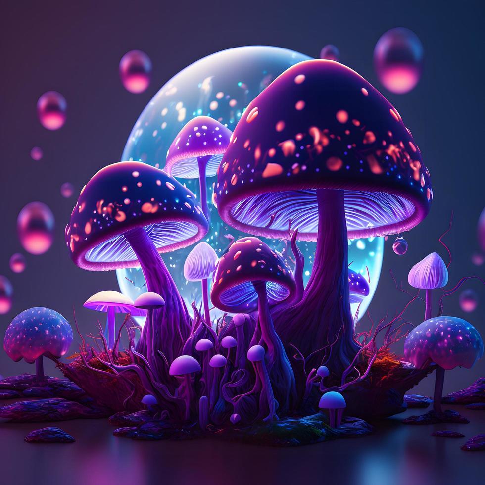 ein Digital Gemälde von Pilze mit ein Blau Kreis im das Hintergrund foto