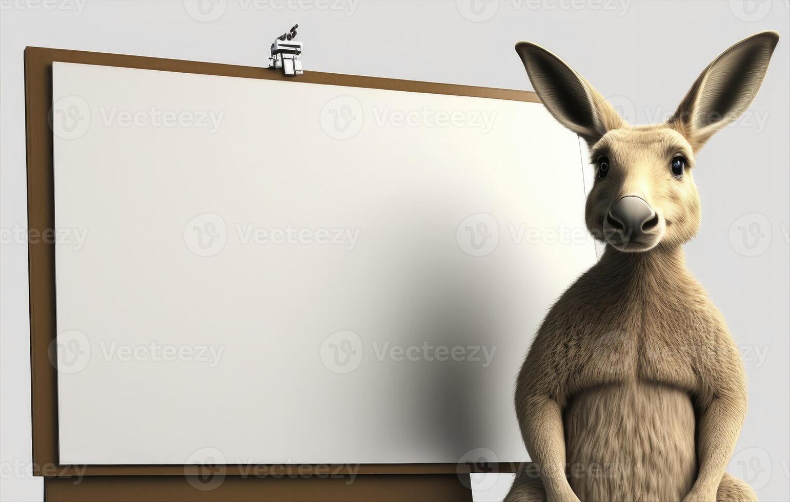 ai generiert 3d süß Känguru Karikatur Stehen neben leer Whiteboard foto