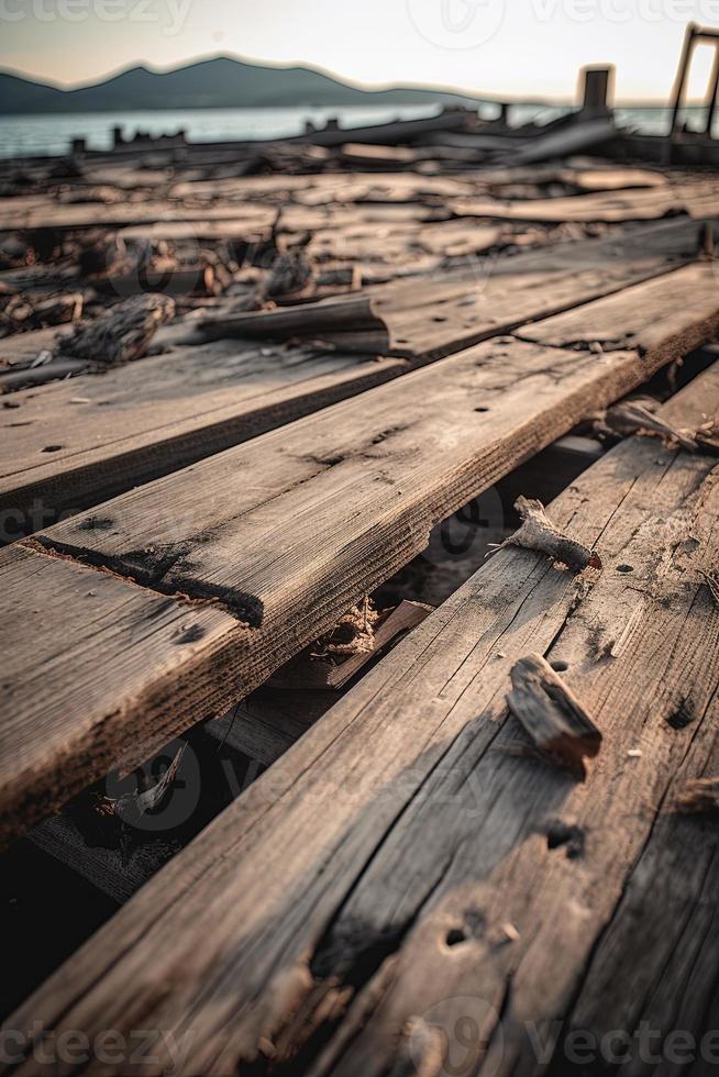 alt hölzern Seebrücke auf das Strand beim Sonnenuntergang. selektiv Fokus foto