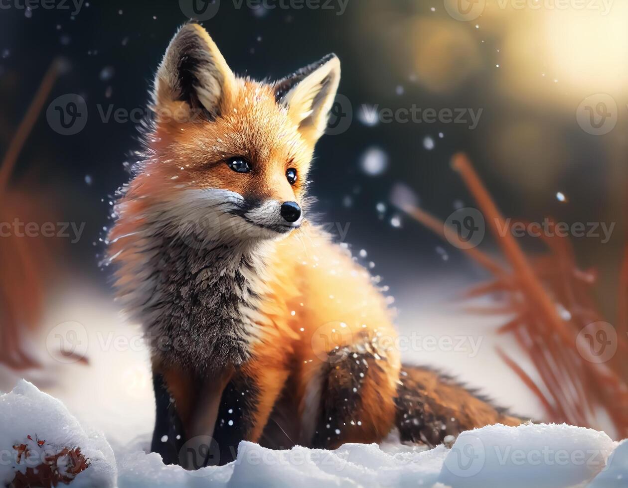 süß wenig Fuchs im das Wald, Karikatur Fuchs Animation Fantasie Stil, Schätzchen Fuchs Stehen Winter Jahreszeit hintergrund.generativ ai foto