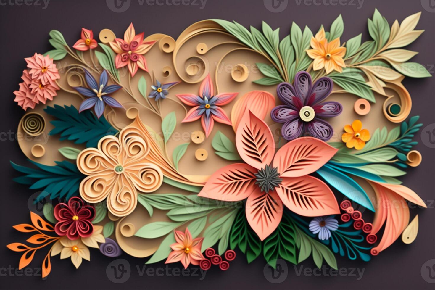 Blume Strauß Anordnung im Papier quilling Stil isoliert auf dunkel Hintergrund. schön dekorativ Papierkram Ornament. generativ ai Illustration. foto