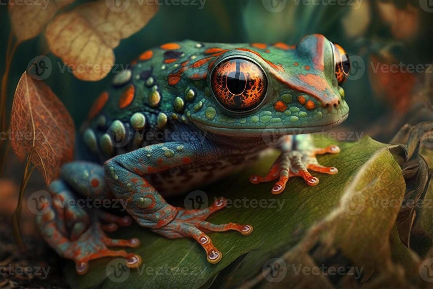 rot Augen Baum Frosch hop auf Blatt. Amphibie Nahansicht Makro Porträt. generativ ai Illustration. foto