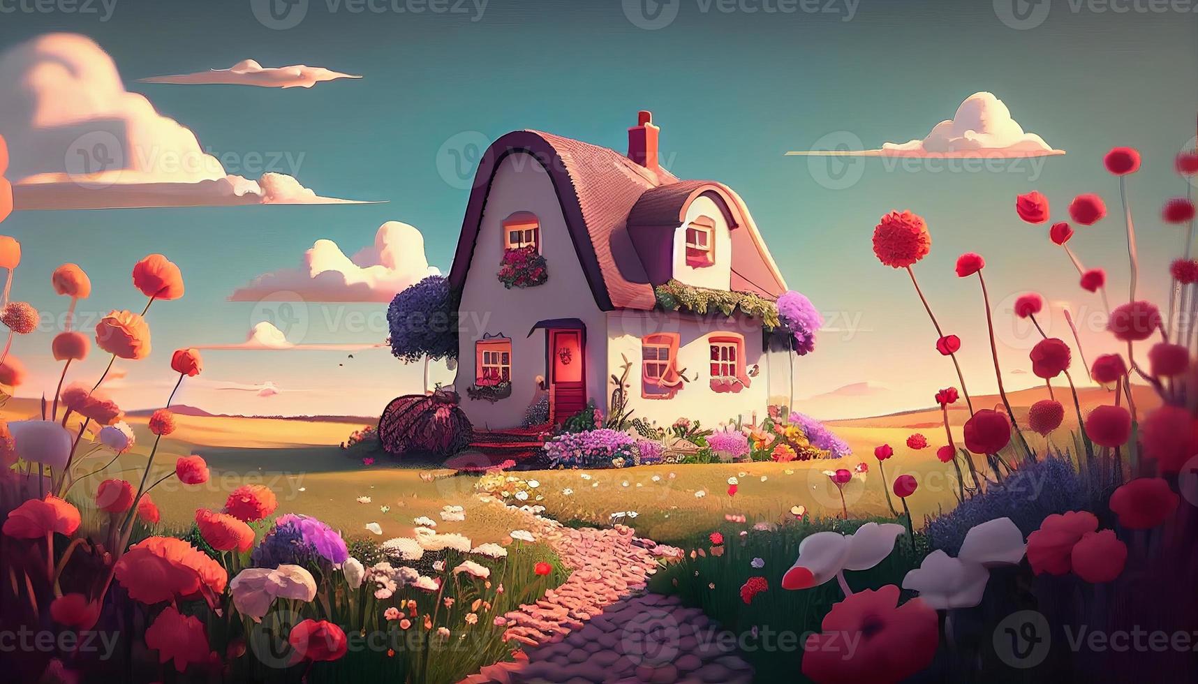klein süß gemütlich Komfort Haus Dorf Land Haus Gebäude und Gras Garten Landschaft Szene Aussicht Illustration foto