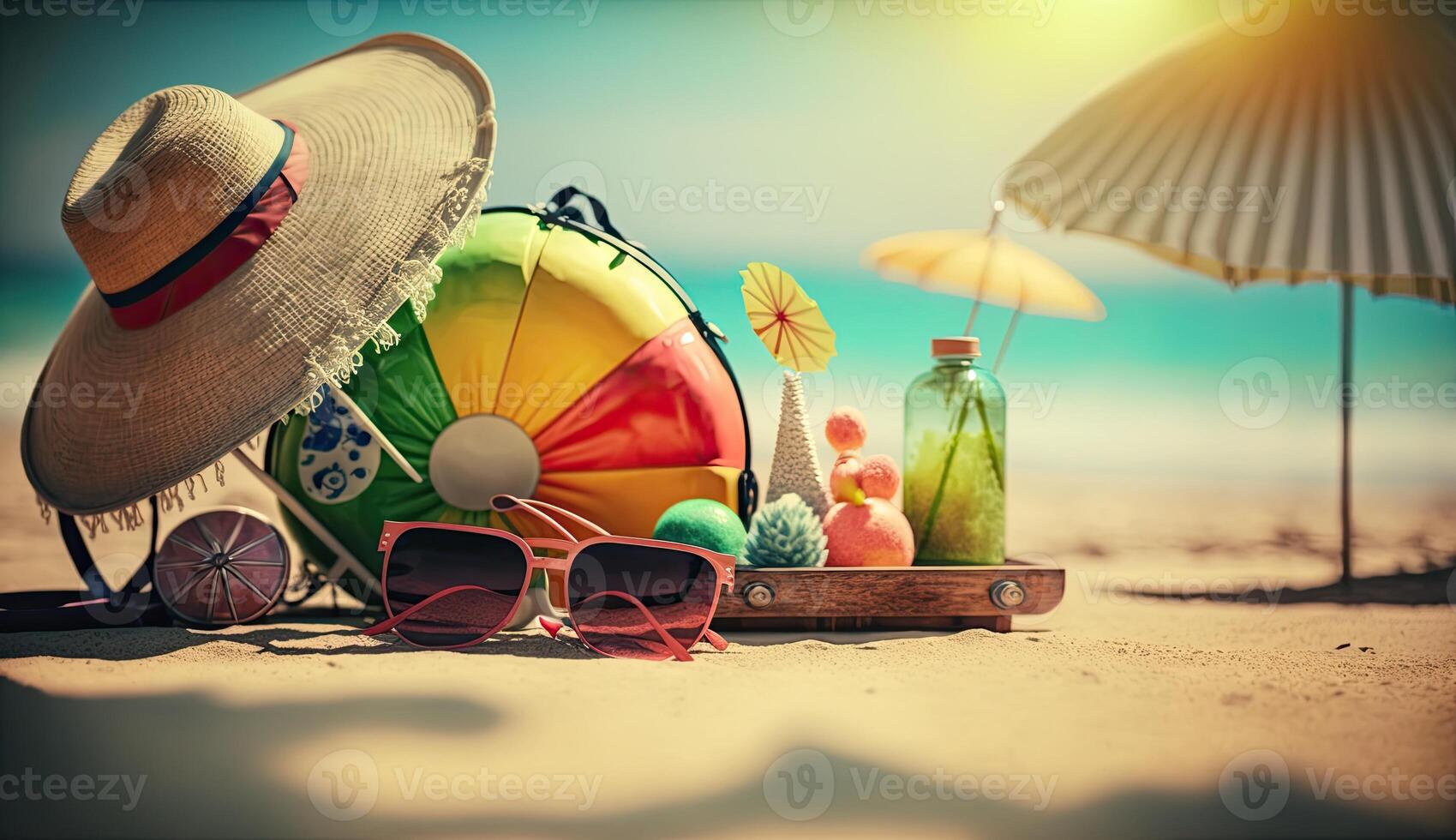 tropisch Strand mit Sonnenbaden Zubehör, Sonnenbrille, Sommer- Urlaub Konzept Hintergrund foto