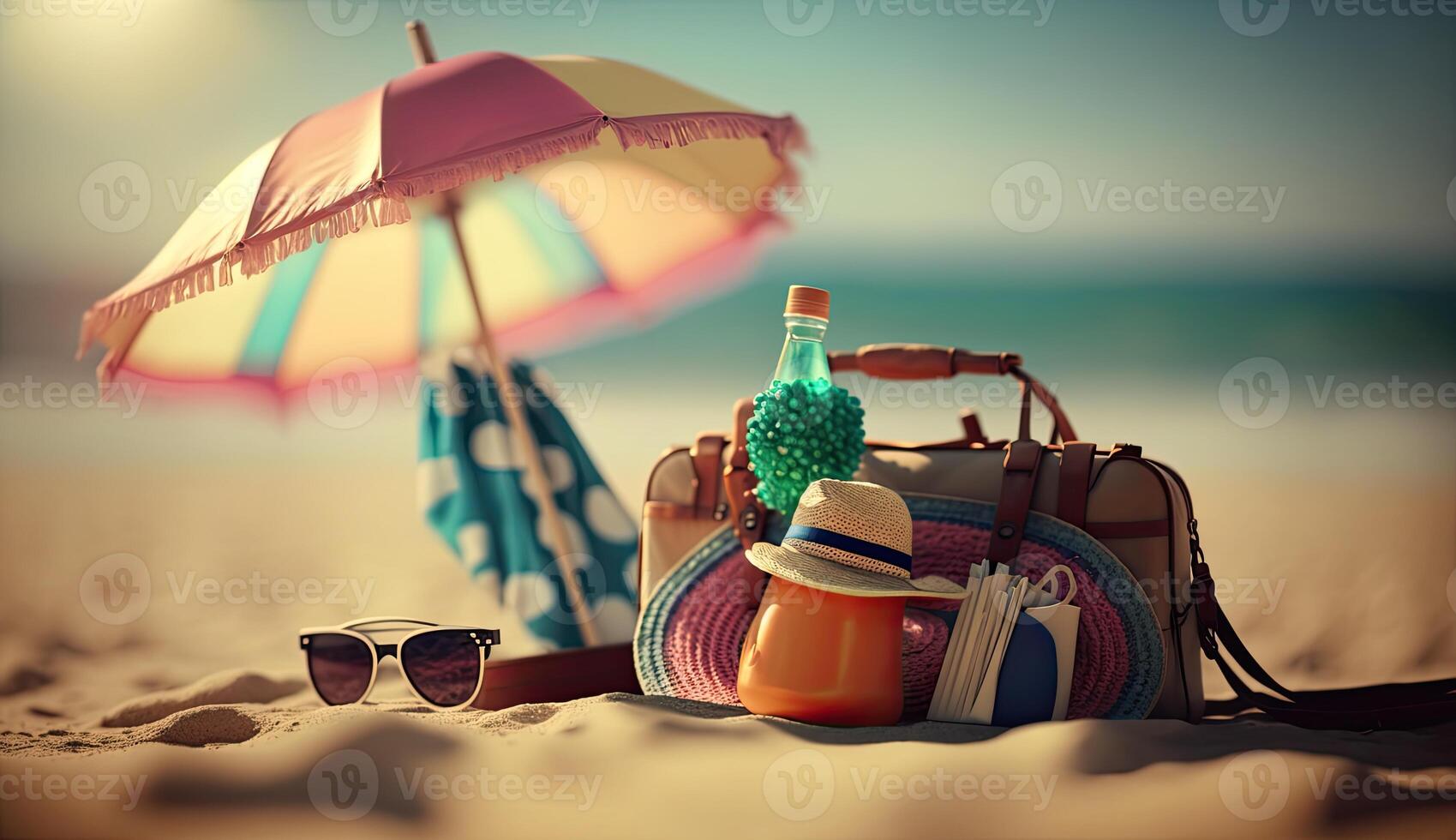 tropisch Strand mit Sonnenbaden Zubehör, Sonnenbrille, Sommer- Urlaub Konzept Hintergrund foto
