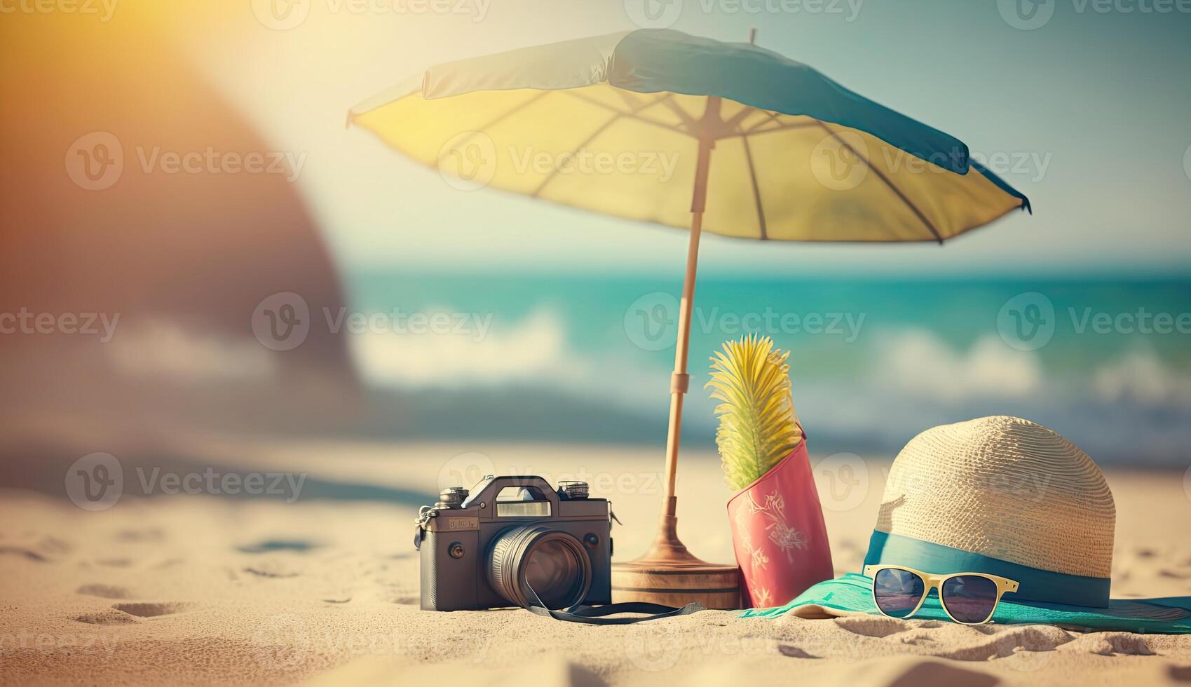 tropisch Strand mit Sonnenbaden Zubehör, Sonnenbrille, Sommer- Urlaub Konzept Hintergrund foto