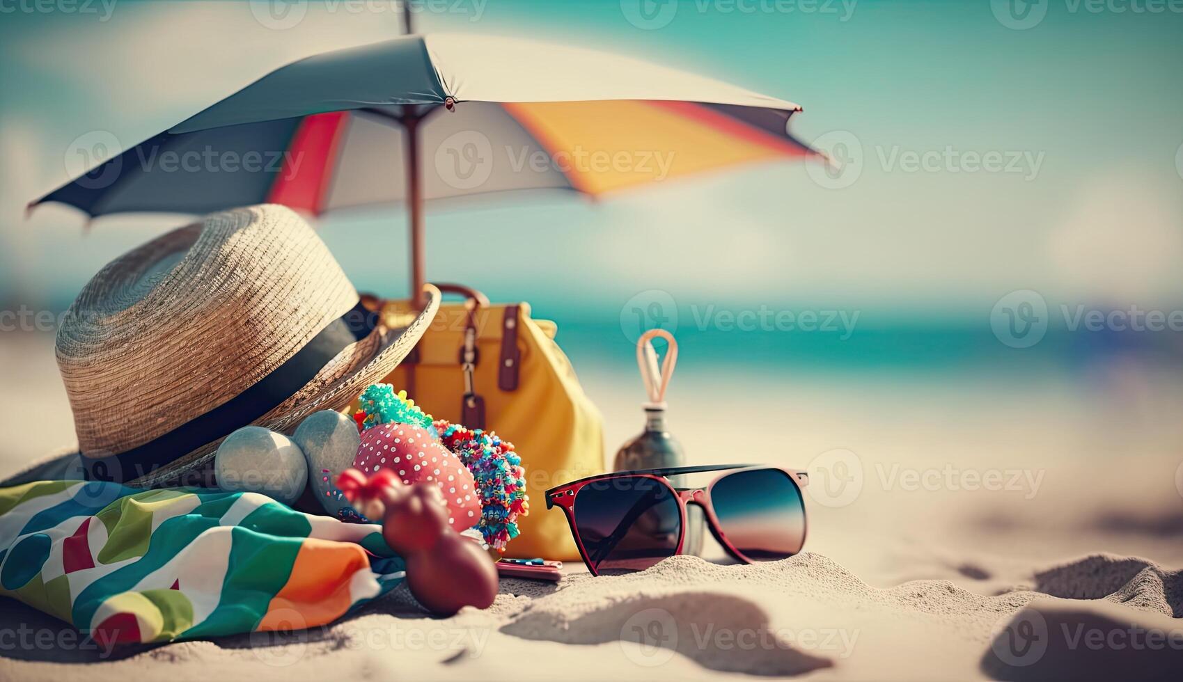 tropisch Strand mit Sonnenbaden Zubehör, Sonnenbrille, Sommer- Urlaub Konzept Hintergrund foto