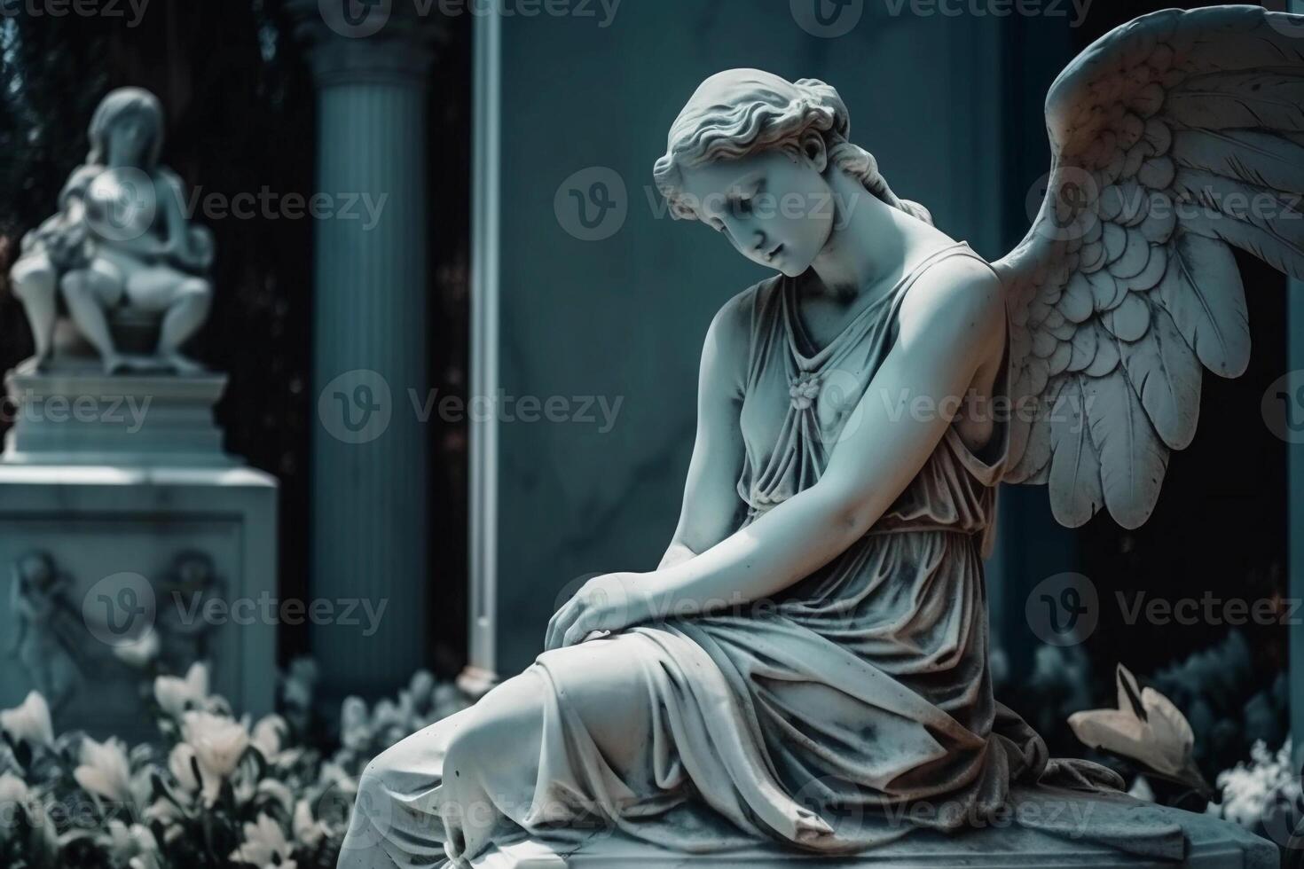 Weiß Skulptur von ein Engel im das Friedhof. ai generiert foto