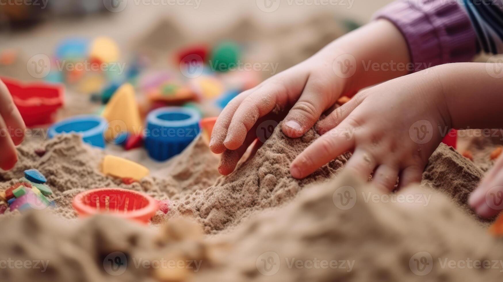 Kinder Hände im das Sandkasten, Kinder abspielen mit Sand generativ ai foto