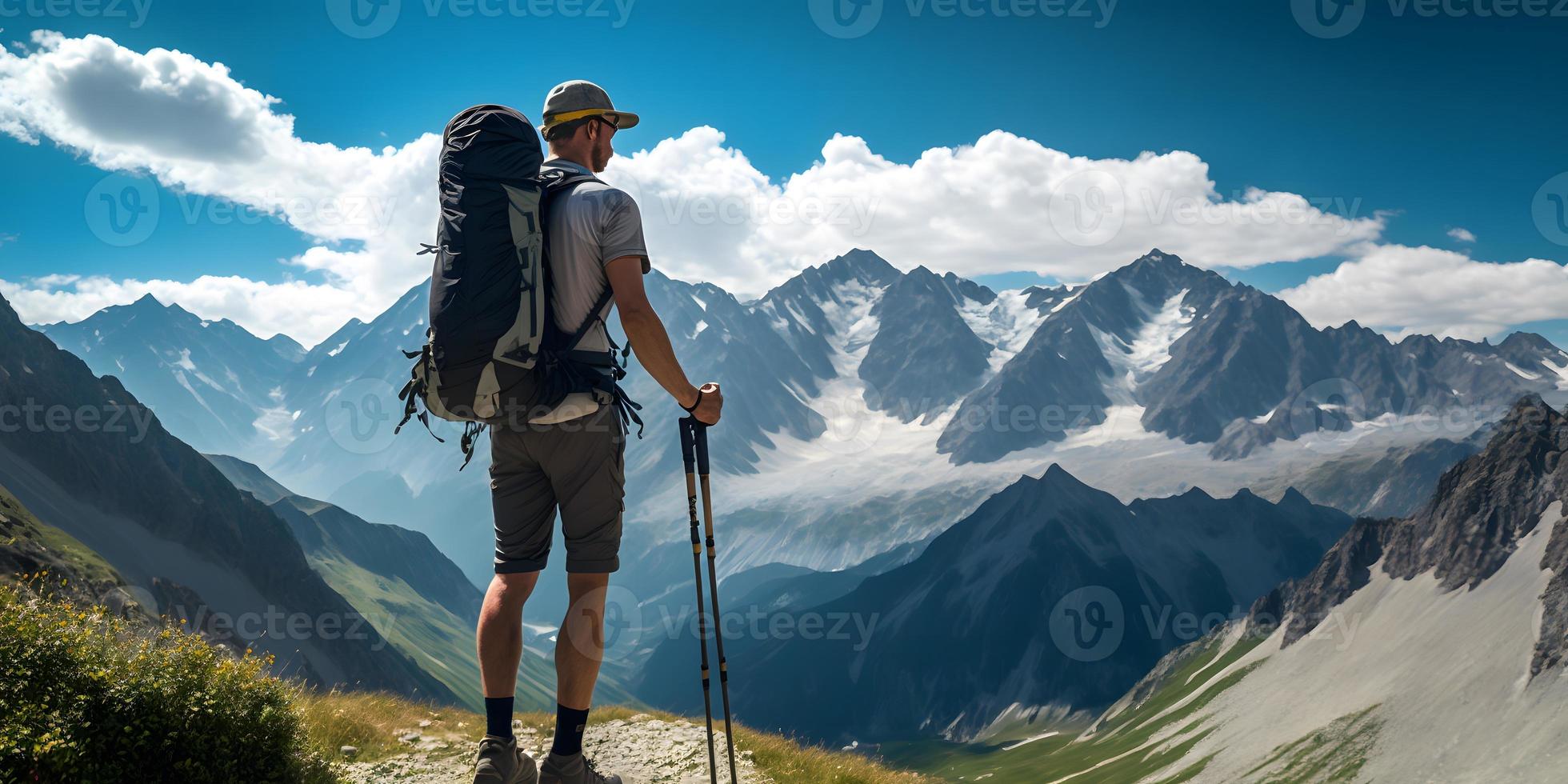 ein Mann mit ein Rucksack und ein Berg im das Hintergrund foto