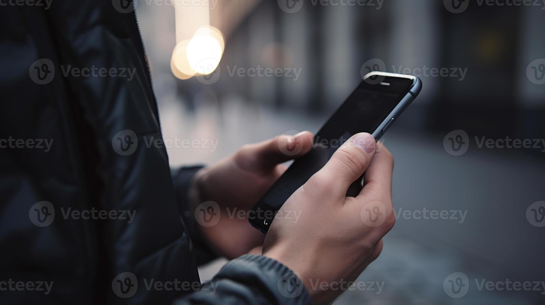 schließen oben von ein Mann mit Handy, Mobiltelefon Clever Telefon im das Stadt foto