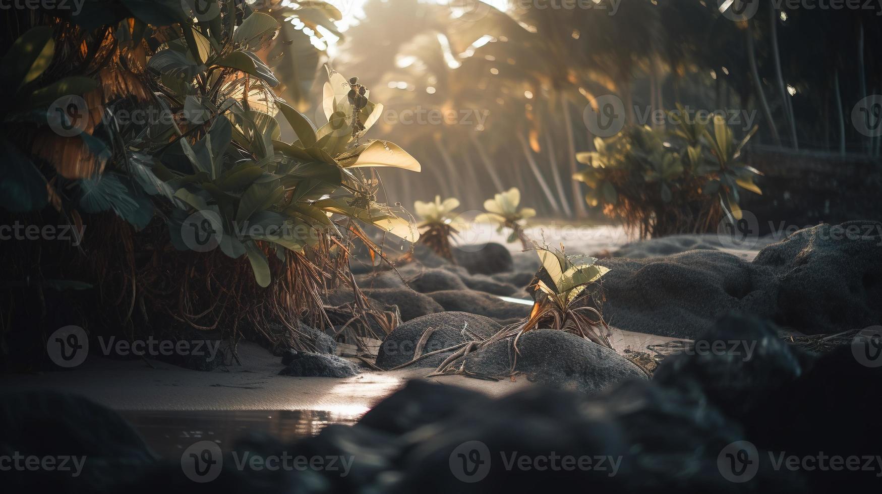 tropisch Strand mit Palme Bäume und Sand Dünen beim Sonnenuntergang, blau Meer foto