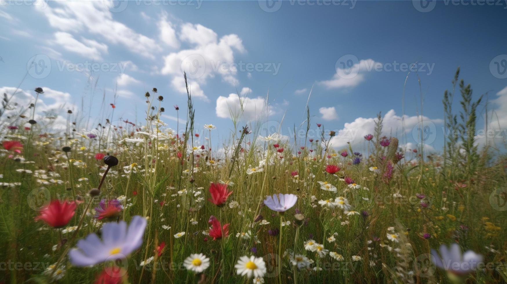 bunt Blumen im ein Wiese auf ein sonnig Sommer- Tag, schön Wiese mit Mohnblumen und andere Wildblumen foto