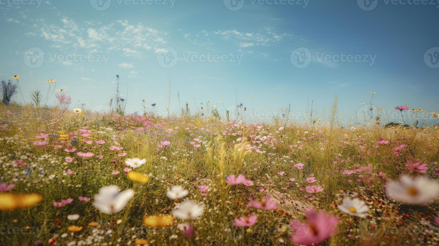 bunt Blumen im ein Wiese auf ein sonnig Sommer- Tag, schön Wiese mit Mohnblumen und andere Wildblumen foto