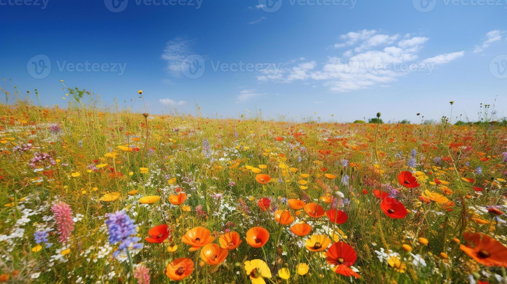 bunt Blumen im ein Wiese auf ein sonnig Sommer- Tag, schön Wiese mit Mohnblumen und andere Wildblumen foto