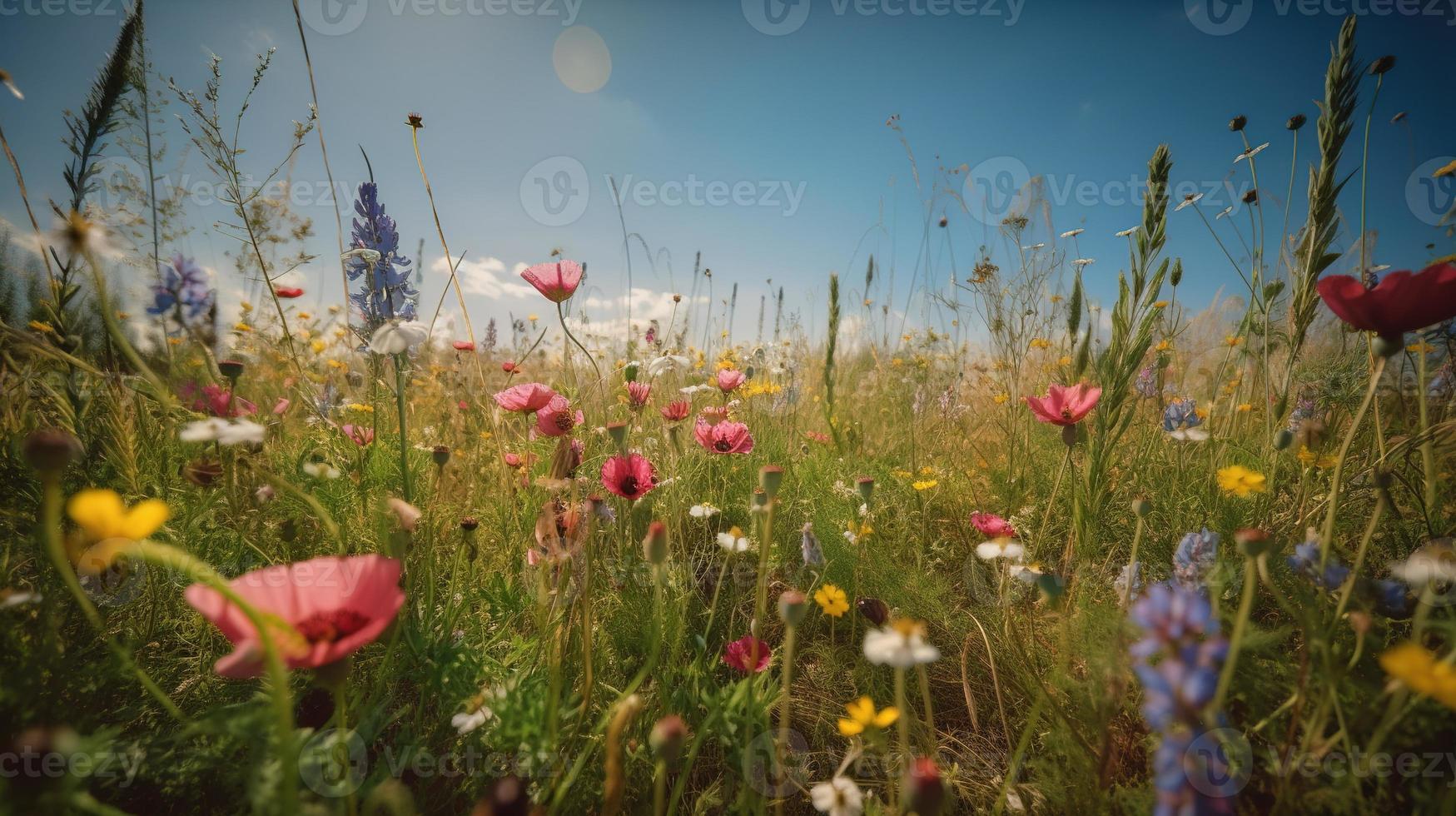 bunt Blumen im ein Wiese auf ein sonnig Sommer- Tag, schön Wiese mit Mohnblumen und andere Wildblumen foto