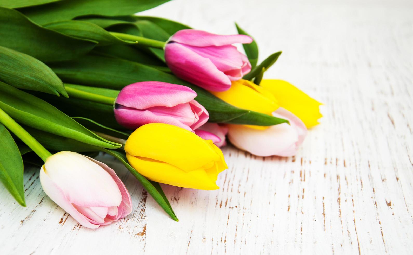 Strauß der rosa und gelben Tulpen auf einem hölzernen Hintergrund foto