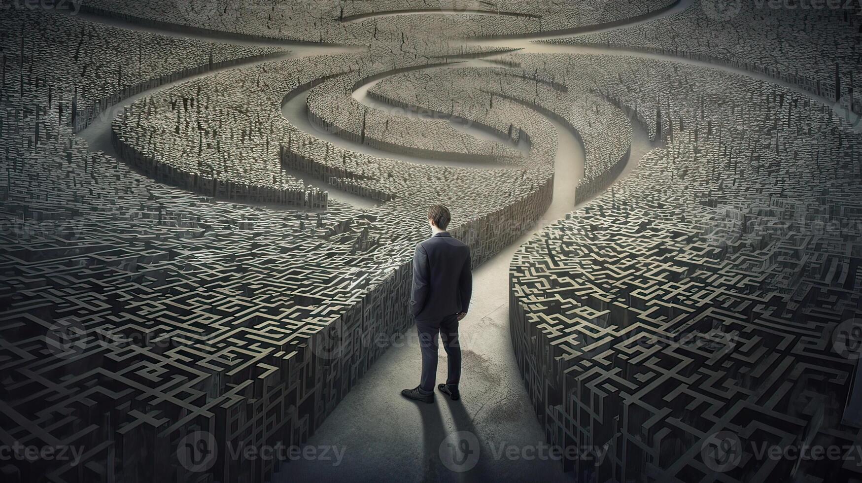 Rückansicht das Geschäftsmann Gehen zu zu Beton Labyrinth. Geschäftsmann im Vorderseite von ein riesig Labyrinth. Geschäft und Leben Konzept. generativ ai. foto