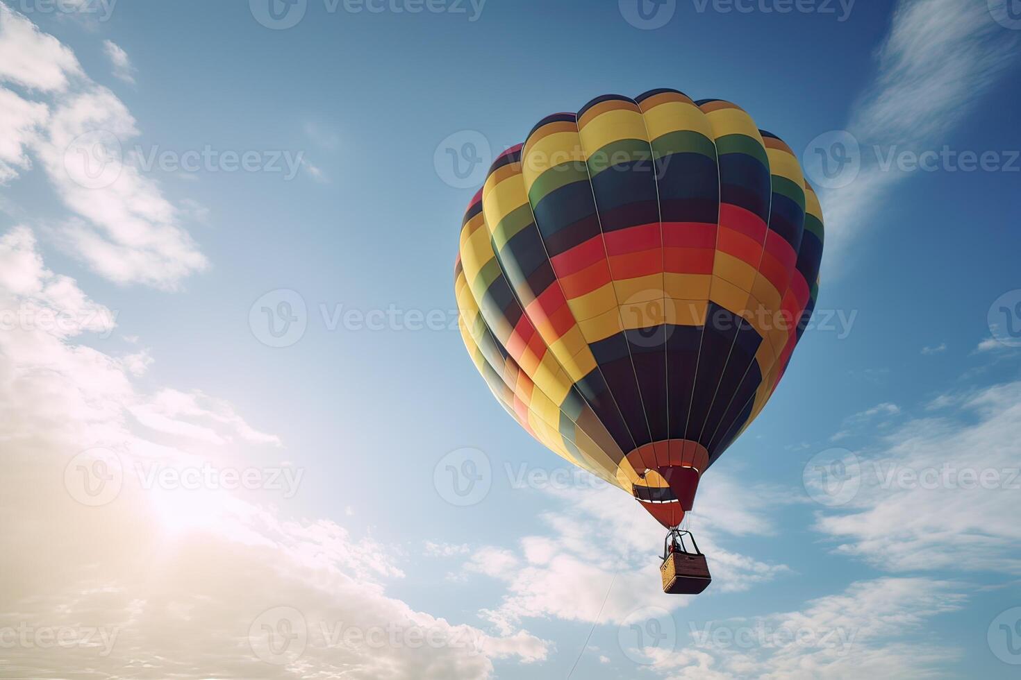 bunt heiß Luft Ballon fliegend auf Himmel beim Sonnenuntergang. Reise und Luft Transport Konzept. generativ ai. foto