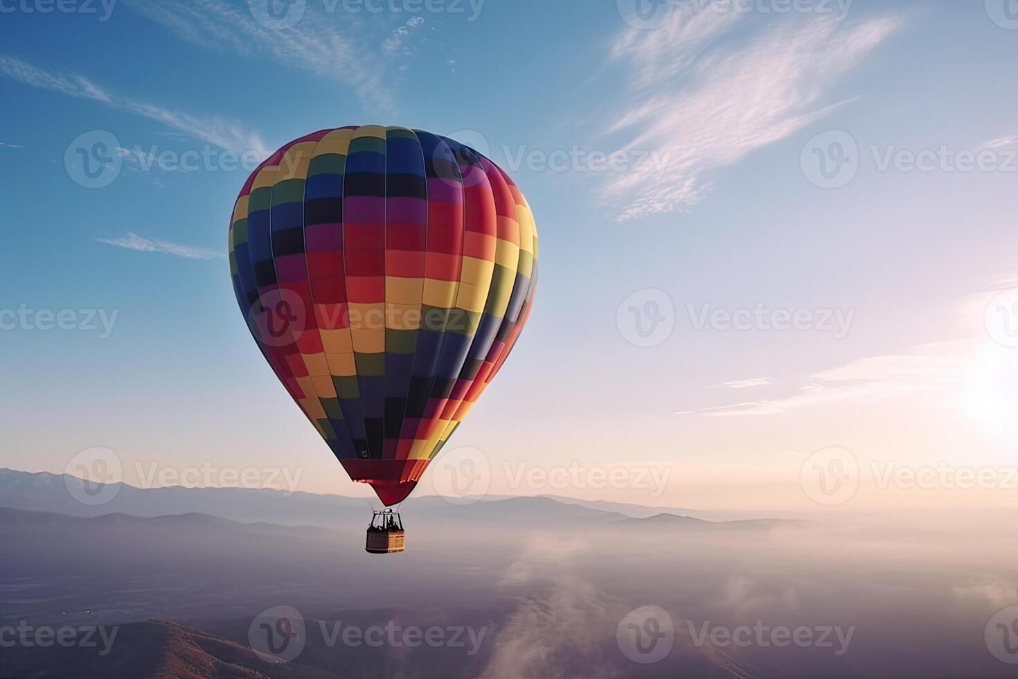 bunt heiß Luft Ballon fliegend auf Himmel beim Sonnenuntergang. Reise und Luft Transport Konzept. generativ ai. foto