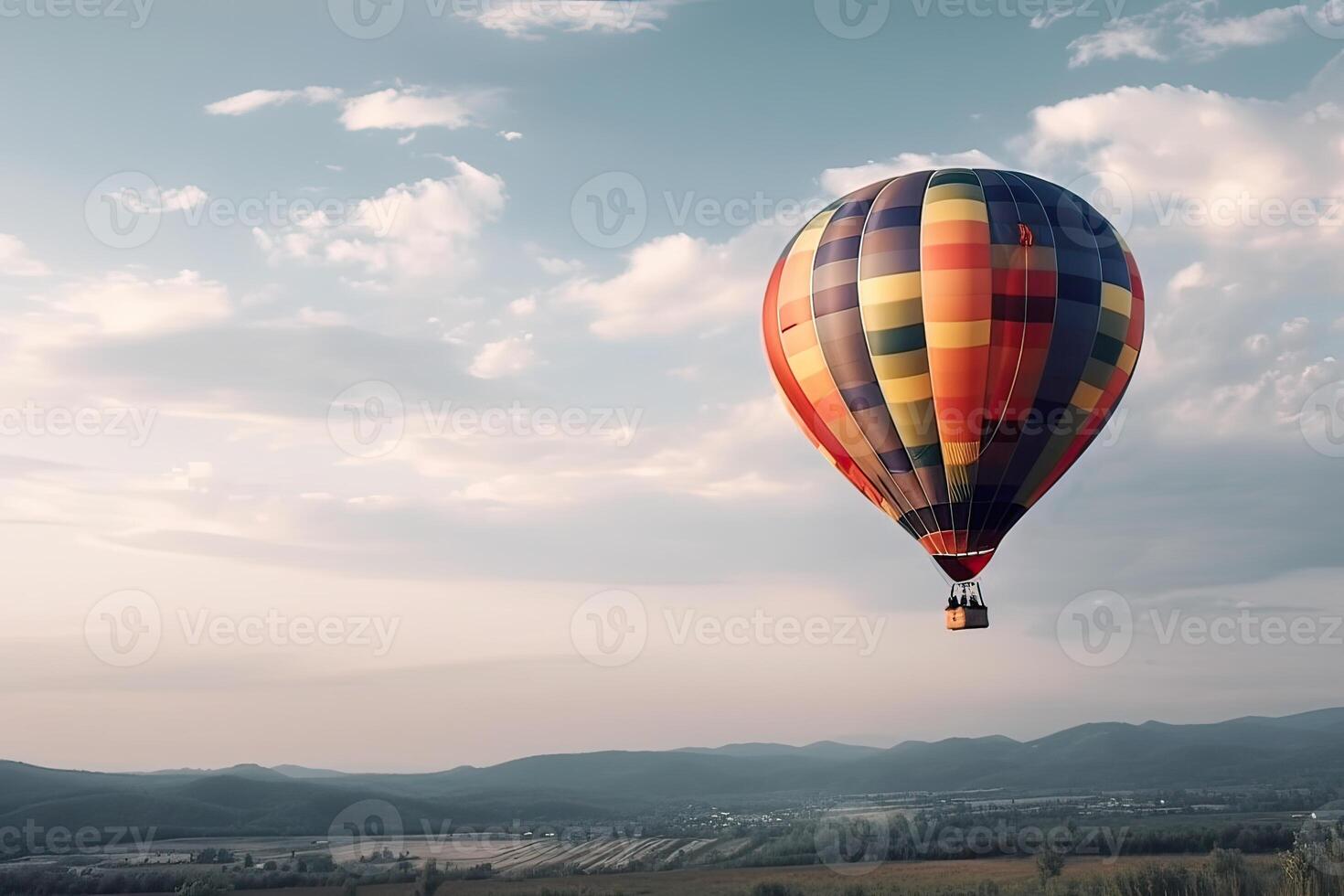 bunt heiß Luft Ballon fliegend auf Himmel beim Sonnenuntergang. Reise und Luft Transport Konzept. generativ ai. foto