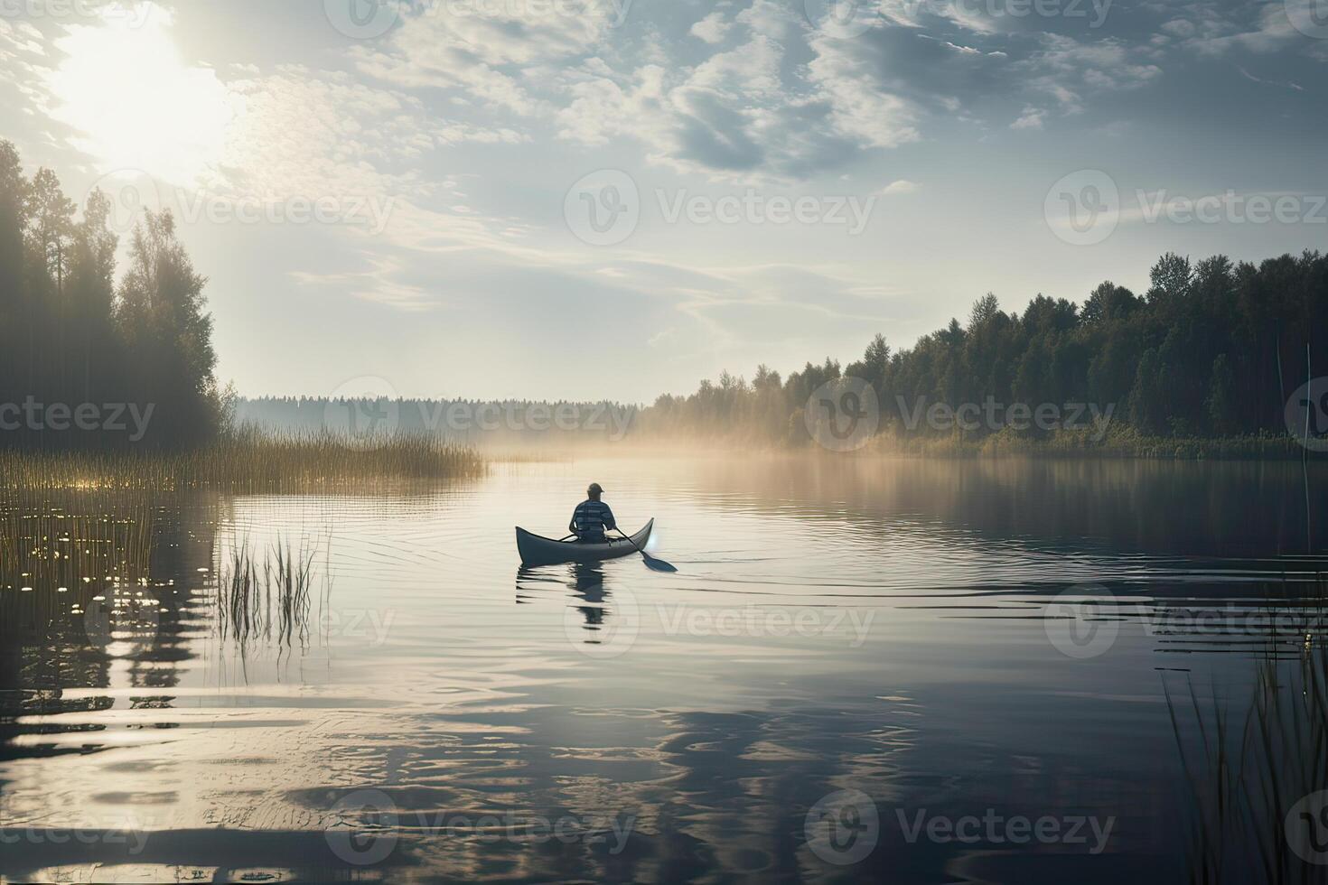 Rückseite Aussicht von Kajakfahrer Mann Paddel Kajak beim Sonnenuntergang Meer. Kajak fahren, Kanusport, paddeln. generativ ai. foto